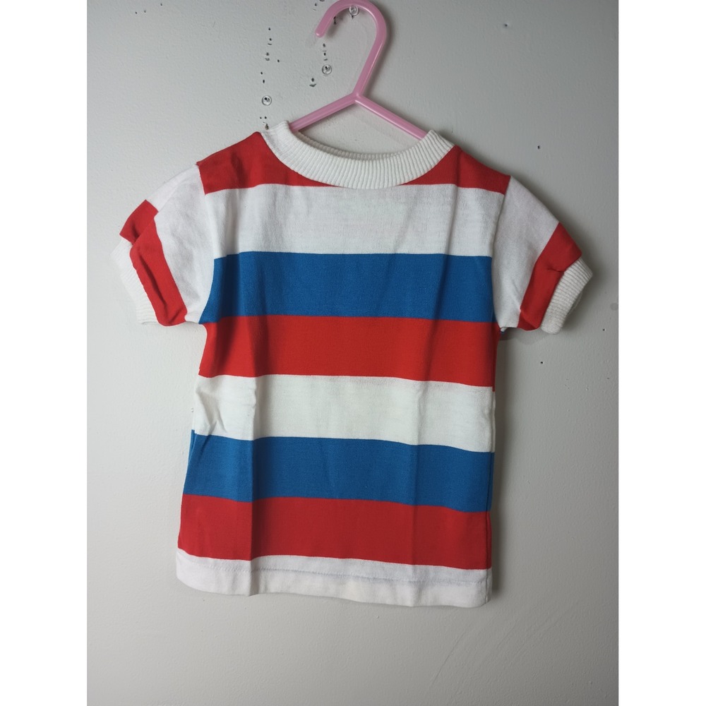 Vintage Health-tex Kids Striped T-Shirt Red White Blue Made in USA 3T